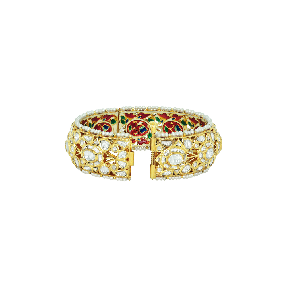 Polki Bangle with Pearl Edges and Enamel Accents